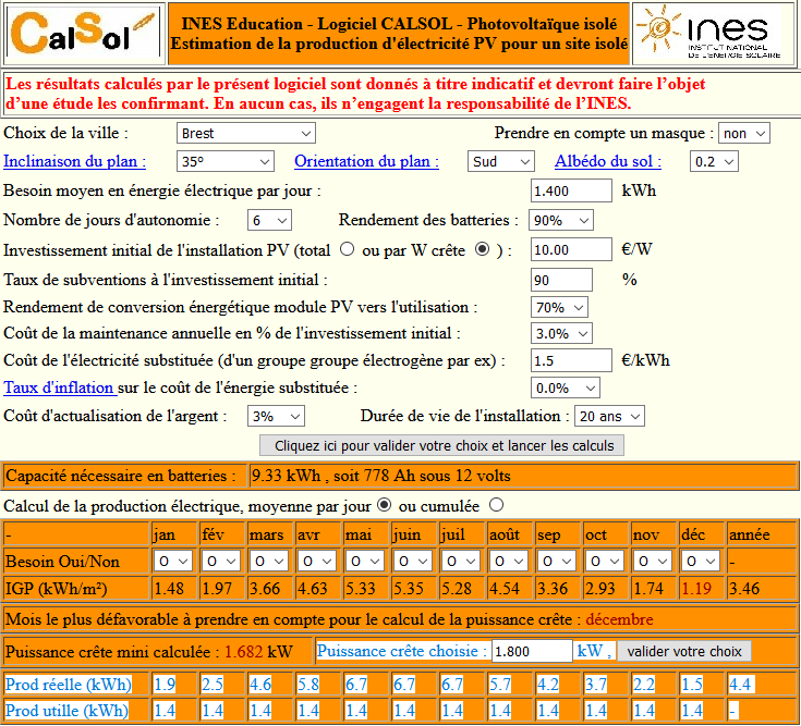 CALSOL : Exemple de simulation de production photovoltaïque en site isolé (hors réseau)