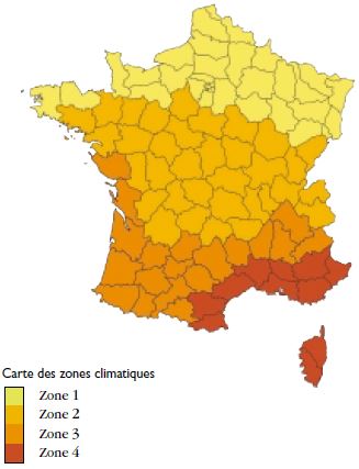 Les zones climatique en France métropolitaines partagent la france en 4 régions, du Nord au sud, qui correspondent à la ressource solaire thermique disponible.