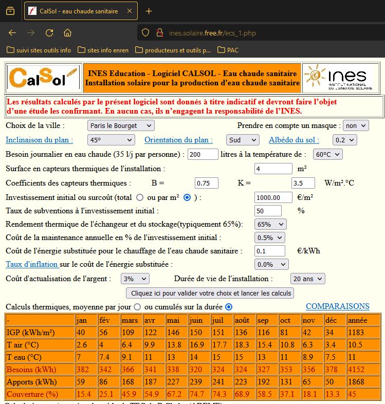 Simulateur en ligne de l'INES : chauffe-eau solaire